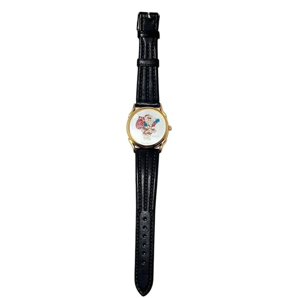 Vintage‎ Christmas Theme Santa Claus Analog Wristwatch Black Band Round Face